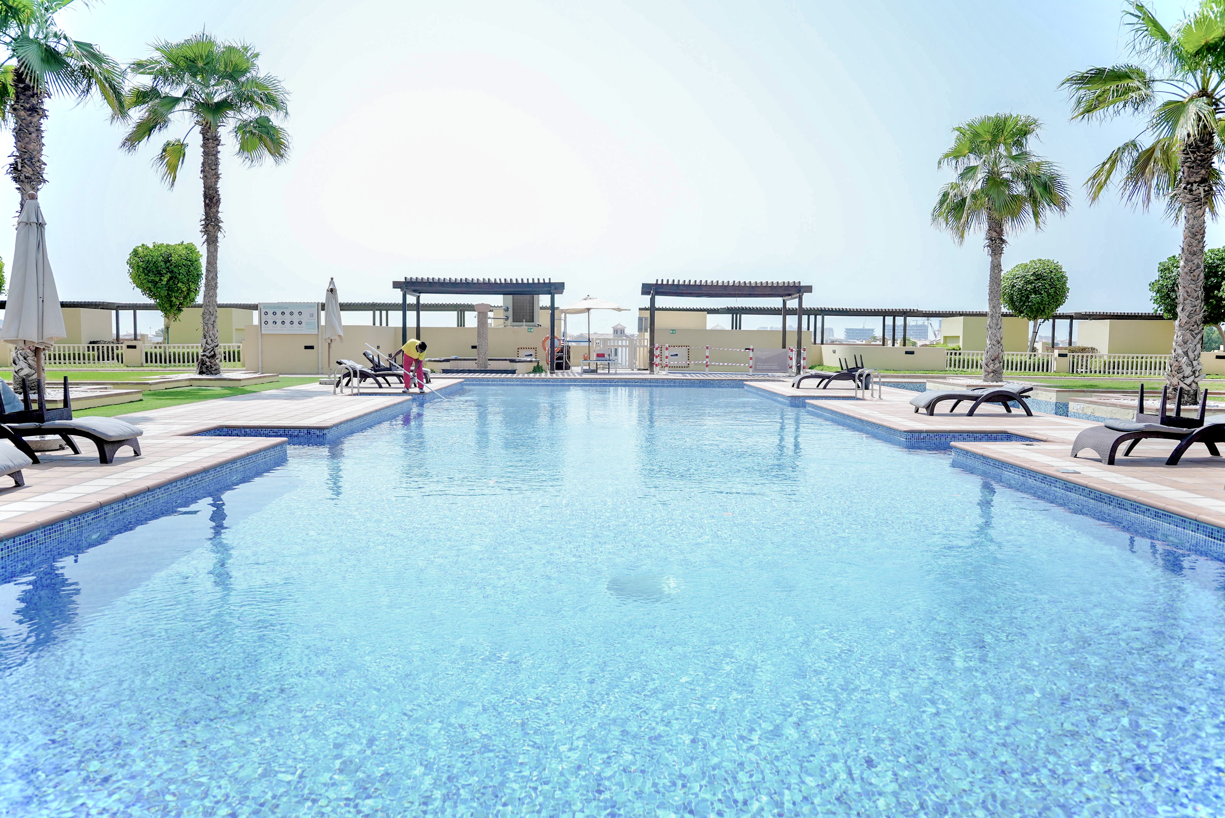 Dip into the Palm — resort-size pool, sunbeds waiting